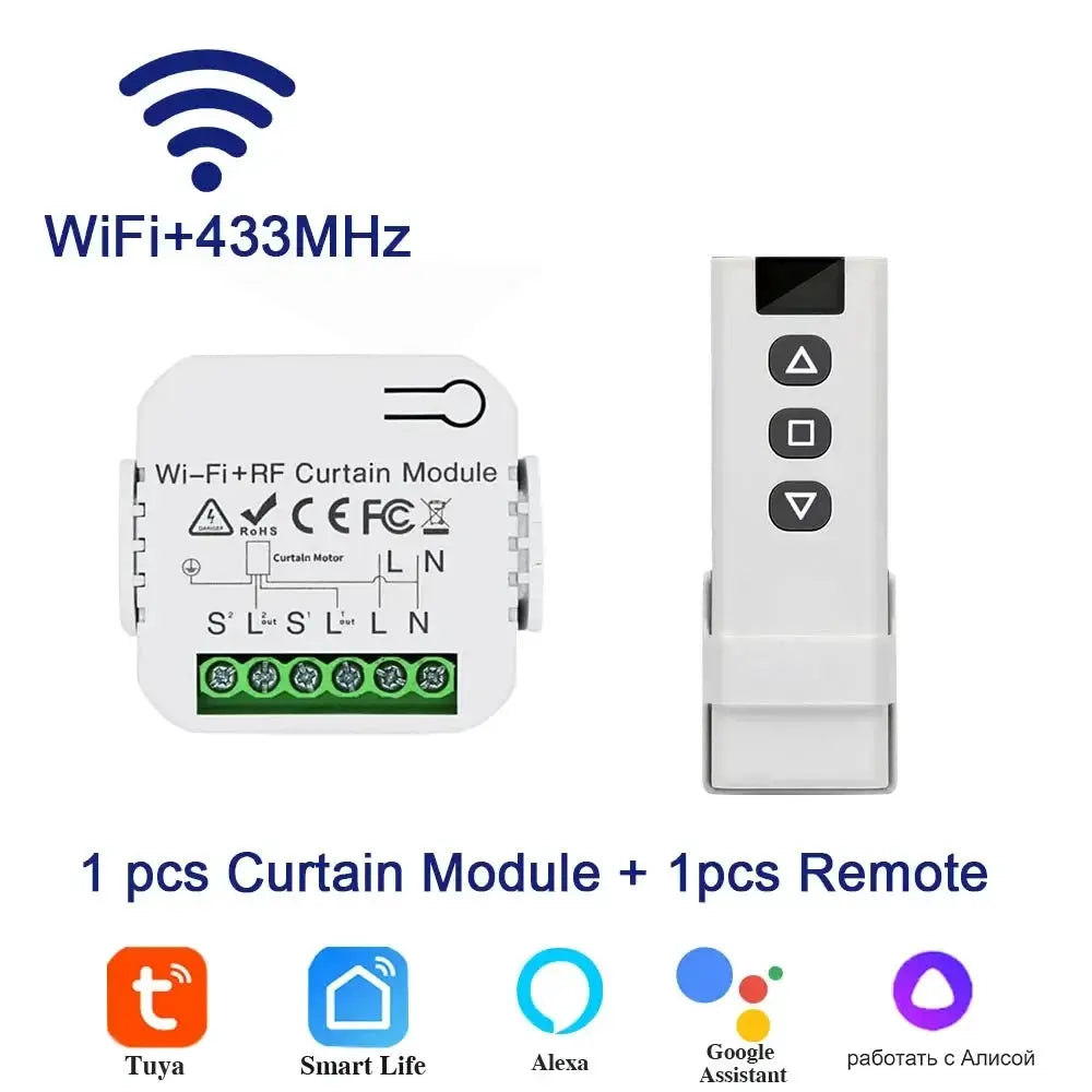 Curtain module with 433MHz RF remote and WiFi; includes 1 curtain module and 1 remote.