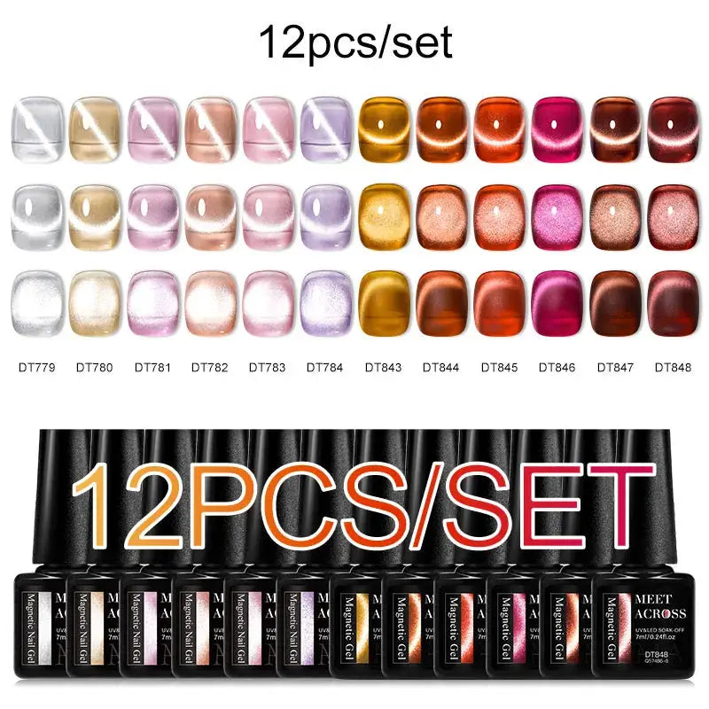 MEET ACROSS 12-piece gel nail polish set by Simples Market; pink glitter and macaron blue shades.