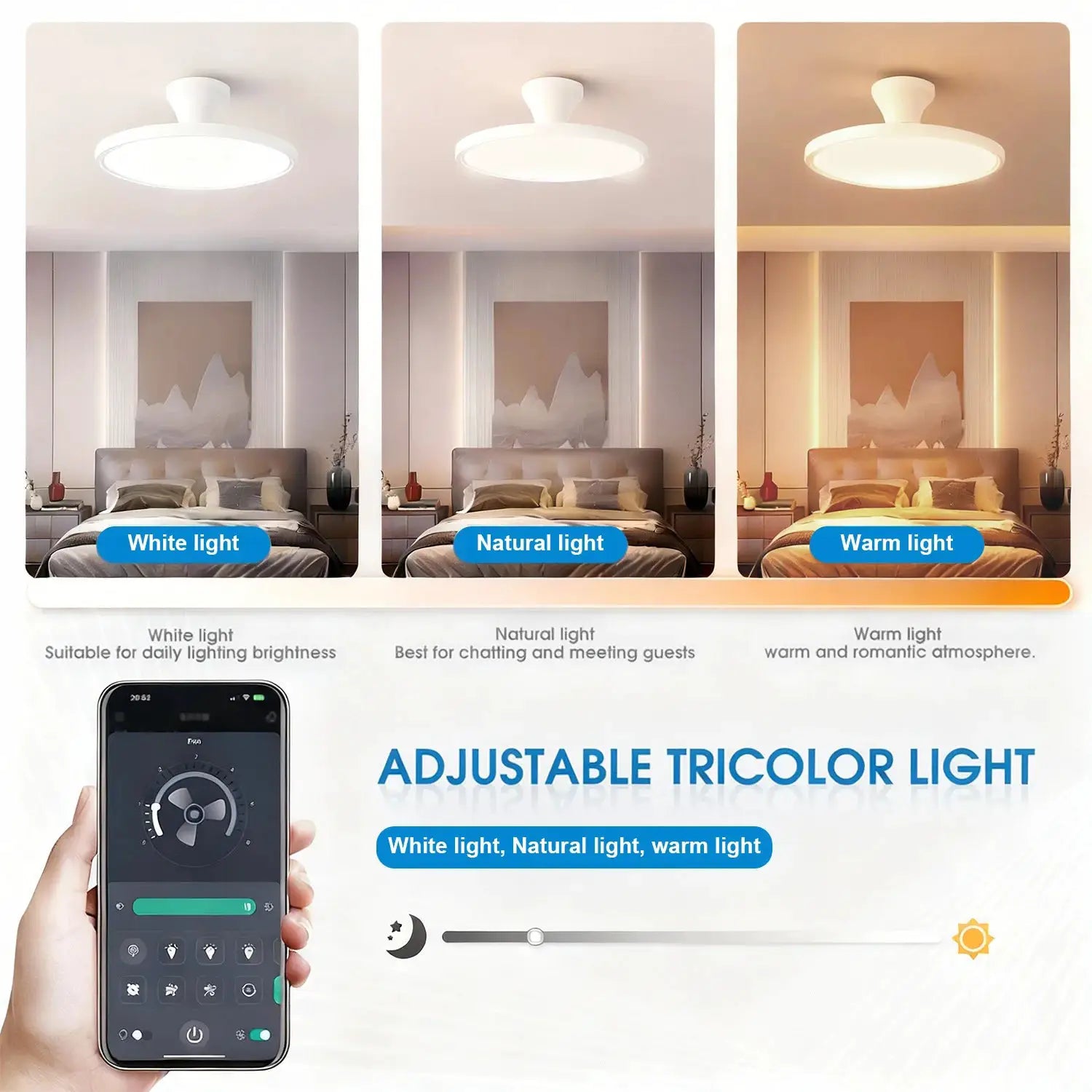 IRALAN ceiling fan with LED light by Simples Market; white finish, remote control, three color temperatures.
