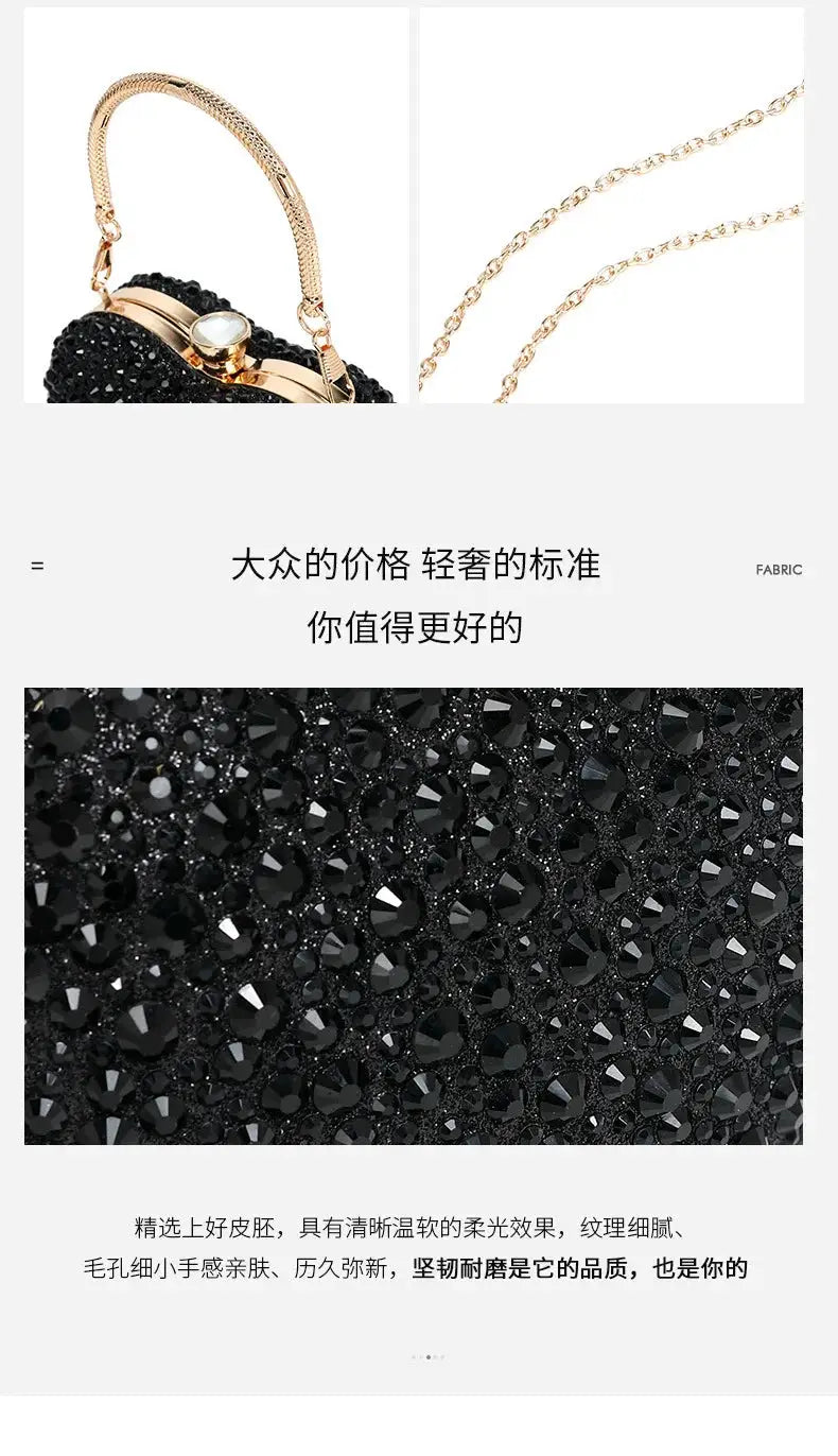 Simples Market luxury heart-shaped crystal clutch with black stones, gold-tone frame and chain