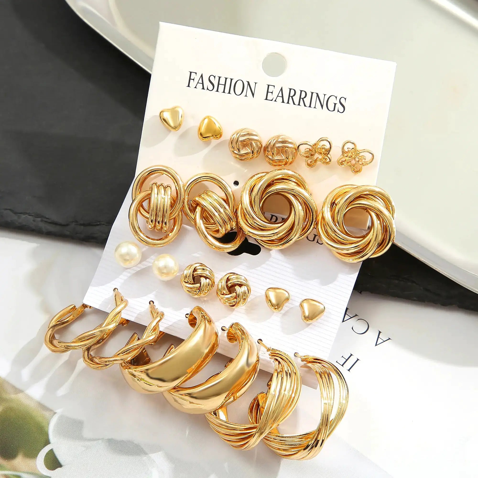 11-pair gold-tone zinc alloy faux-pearl geometric rotation earrings set for women