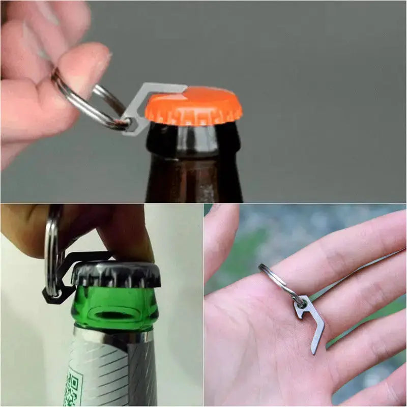 EDC mini lightweight metal bottle opener keyring tool in three color variants: orange, black and green.