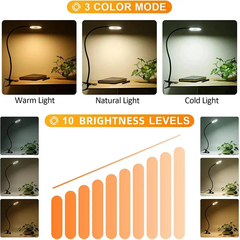 48 LEDs desk lamp clip USB book light with flexible gooseneck, 3 color modes and 10 brightness levels
