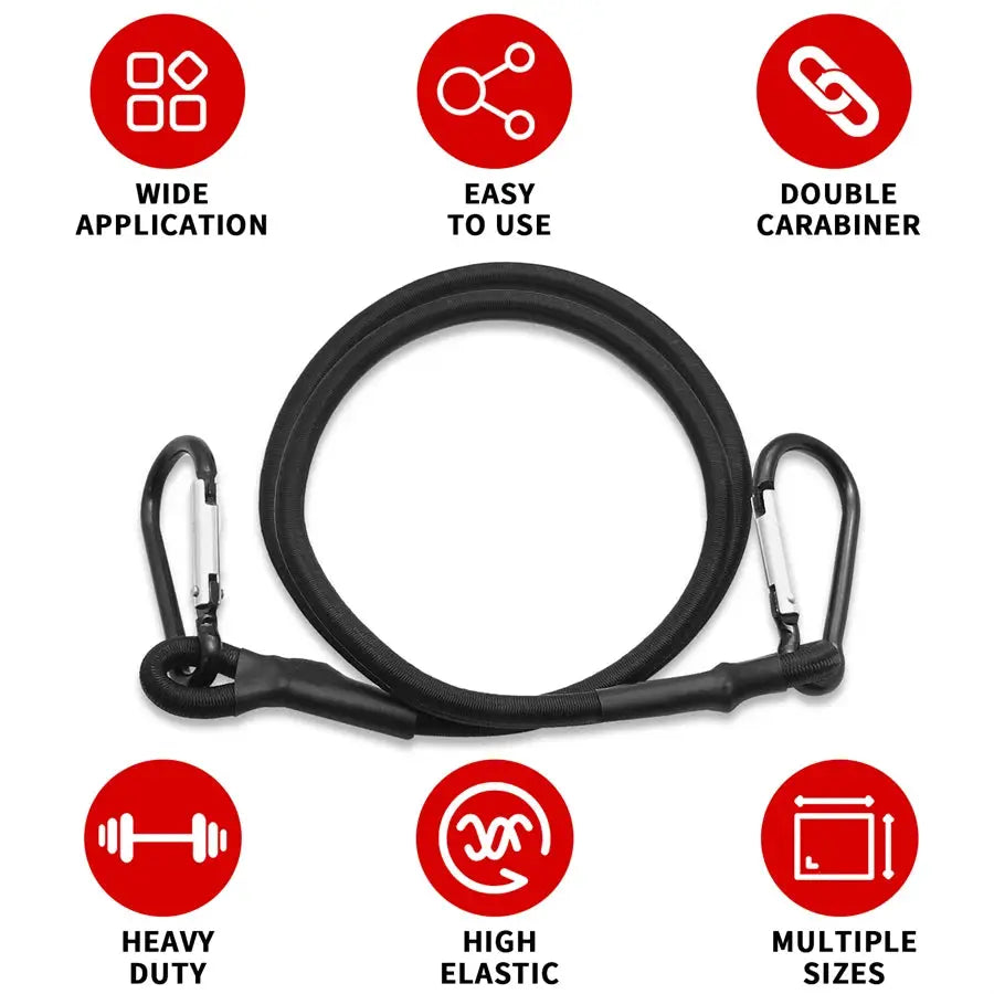 Simples Market black bungee cord with dual carabiner hooks, 8mm elastic rope, 30–150 cm