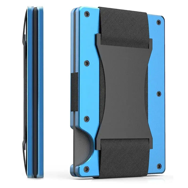 Forged carbon fiber mini slim wallet case organizer for men by Simples Market in blue with black elastic strap