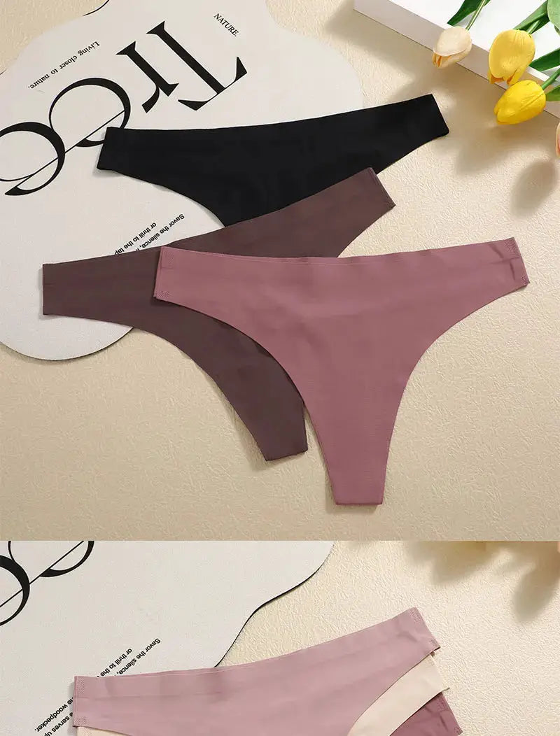 G-string underwear 3-piece set; breathable seamless low-waist thongs in black, brown, mauve by Simples Market (S-XL).