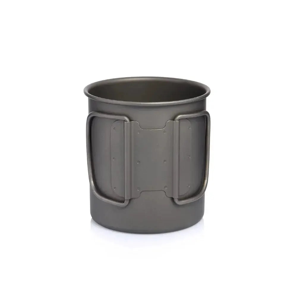 Widesea titanium camping mug with foldable side handles, compact gray metal cup for hiking, camping and travel cooking