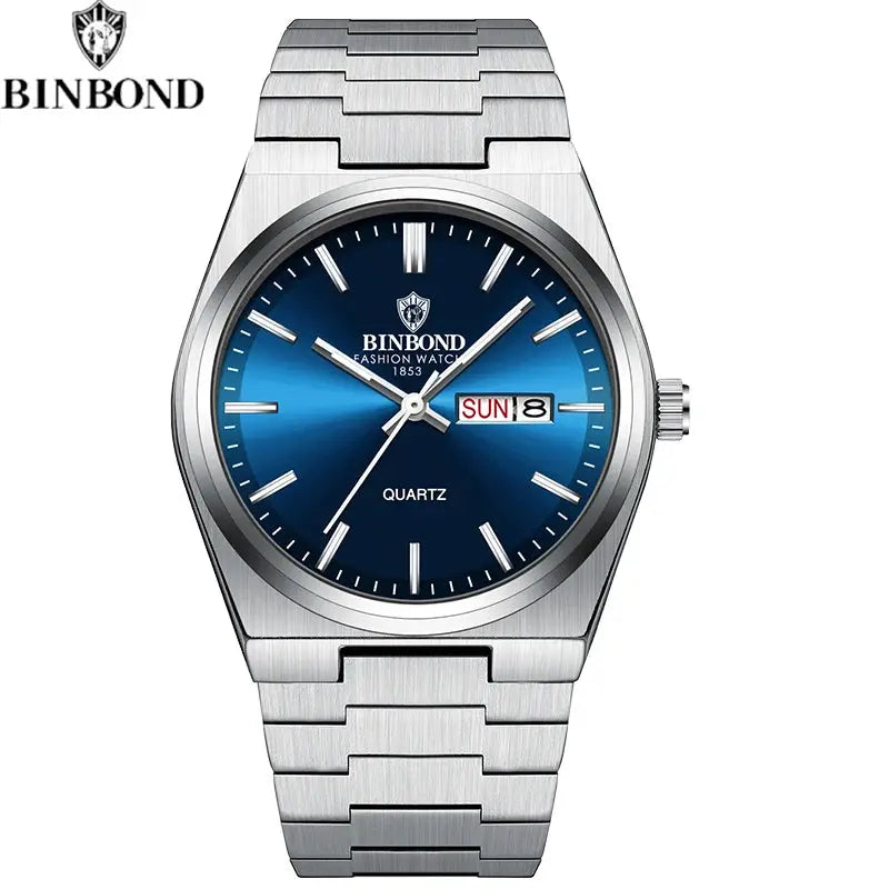 BINBOND men's fashion watch with blue gradient dial, stainless steel bracelet, day/date window.
