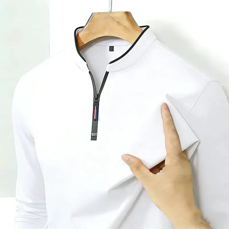 White men's stand-collar half-zip long-sleeve shirt with black zipper trim on hanger