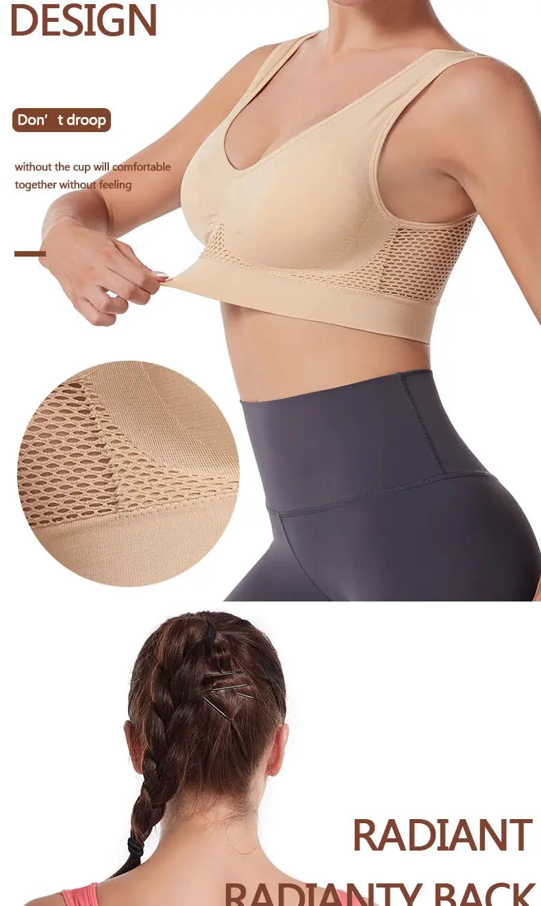 Simples Market S-7XL beige grid air-holes sports bra with mesh sides and black high-waisted leggings