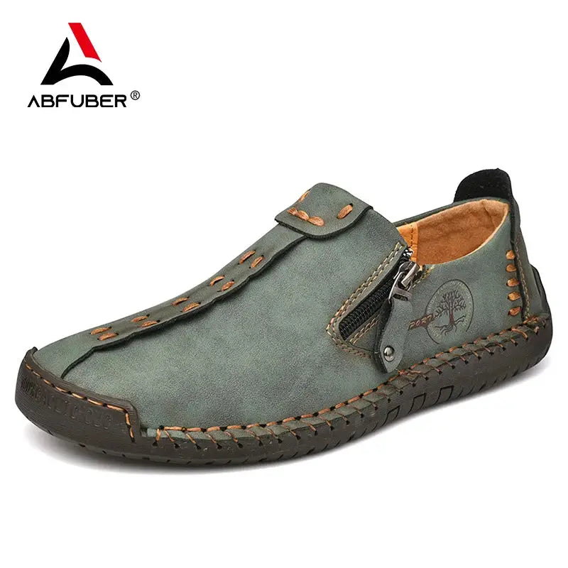 Men's handmade leather slip-on loafers in olive-green with moccasin stitching and side zipper by ABFUBER