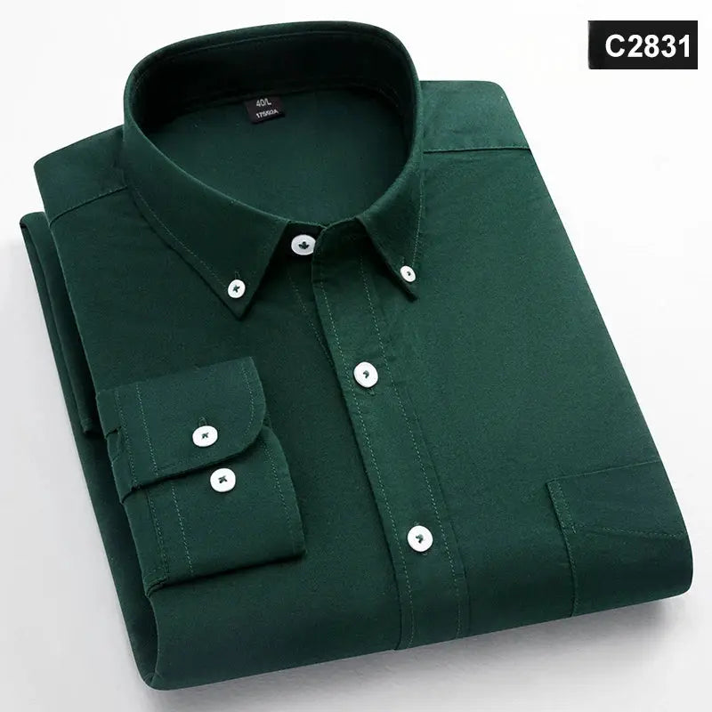 Men's green 100% cotton long-sleeve Oxford shirt with button-down collar and single pocket