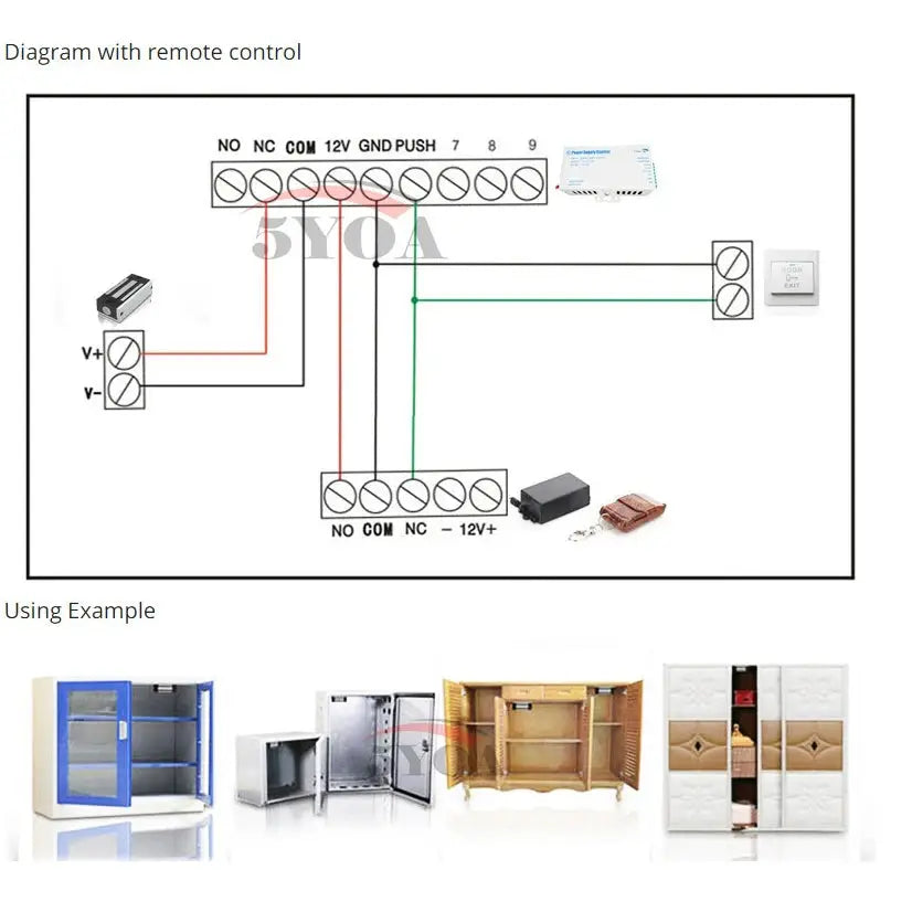 5YOA magnetic lock system for access control by Simples Market with remote control and wiring diagram