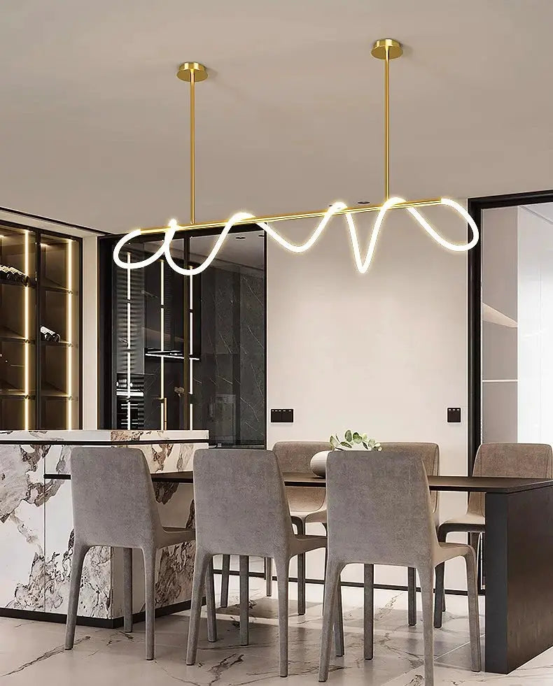 Nordic pendant chandelier for dining room with a gold bar and wavy LED glow