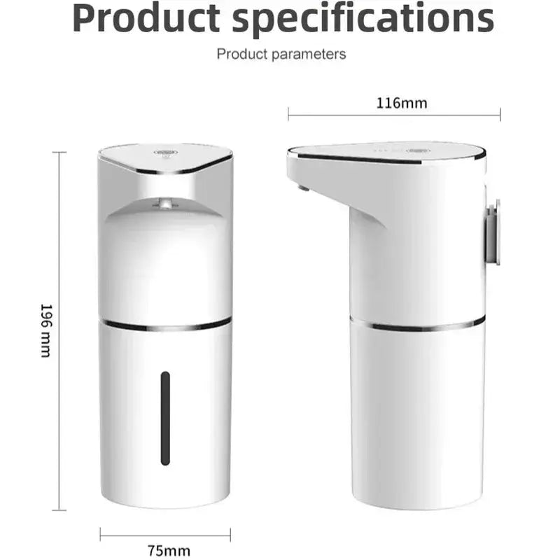 Simples Market automatic soap dispenser, white cylindrical, wall-mounted, touchless sensor with vertical viewing window (front and side views)