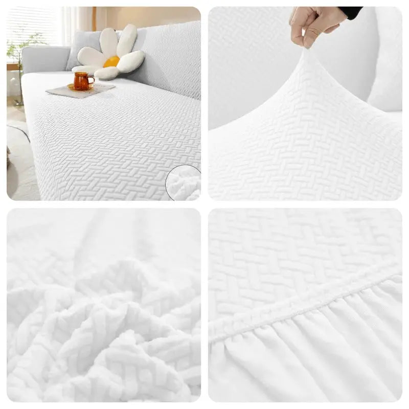 Elastic jacquard sofa cover for L-shaped sectional, white textured stretch couch slipcover.