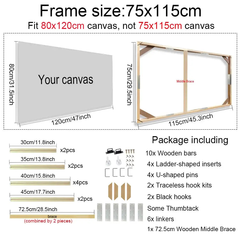 Natural wooden canvas frame set for 75x115 cm canvases with middle brace and hardware