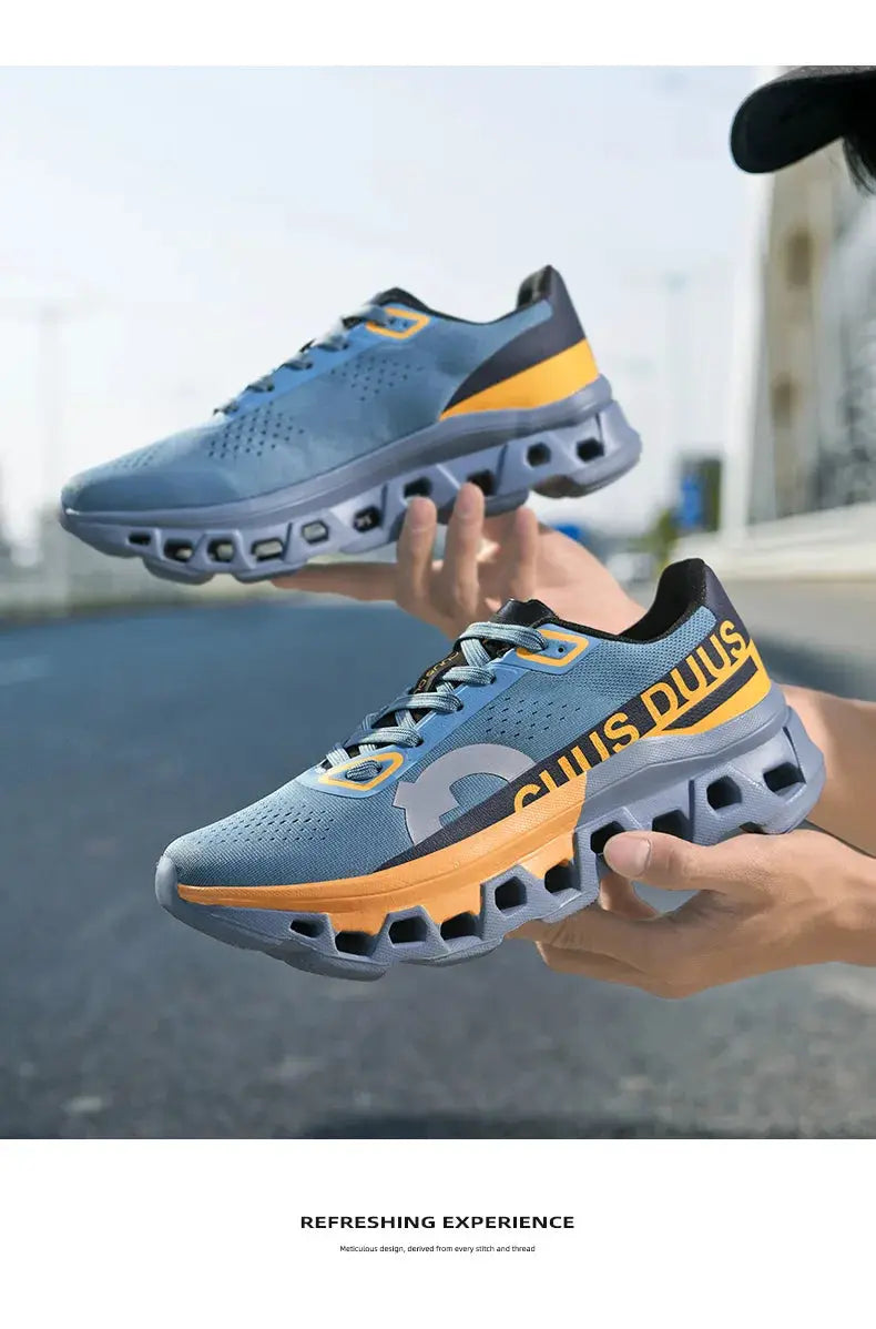 Pair of men's running shoes by Simples Market; blue breathable mesh with orange sole and anti-slip cushioning.