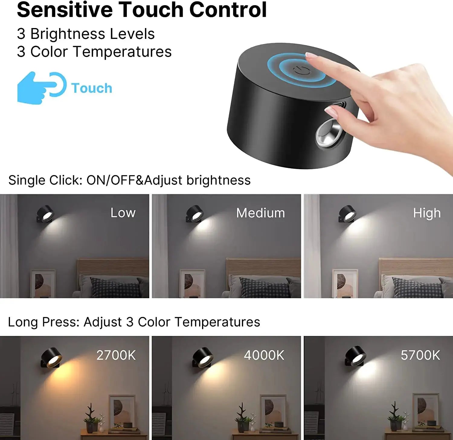 Simples Market LED rechargeable wall lamp, black cylindrical fixture with touch control and 360° rotation