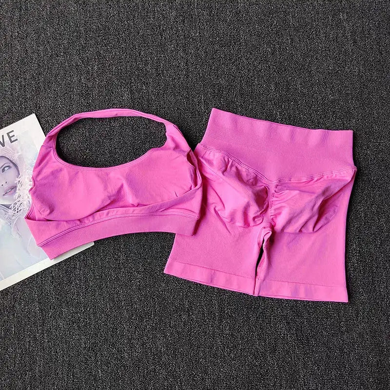 ZenFlex Women 2 Piece Yoga Set Halter Sports Bra and Impact Shorts Breathable Quick Dry Fabric
