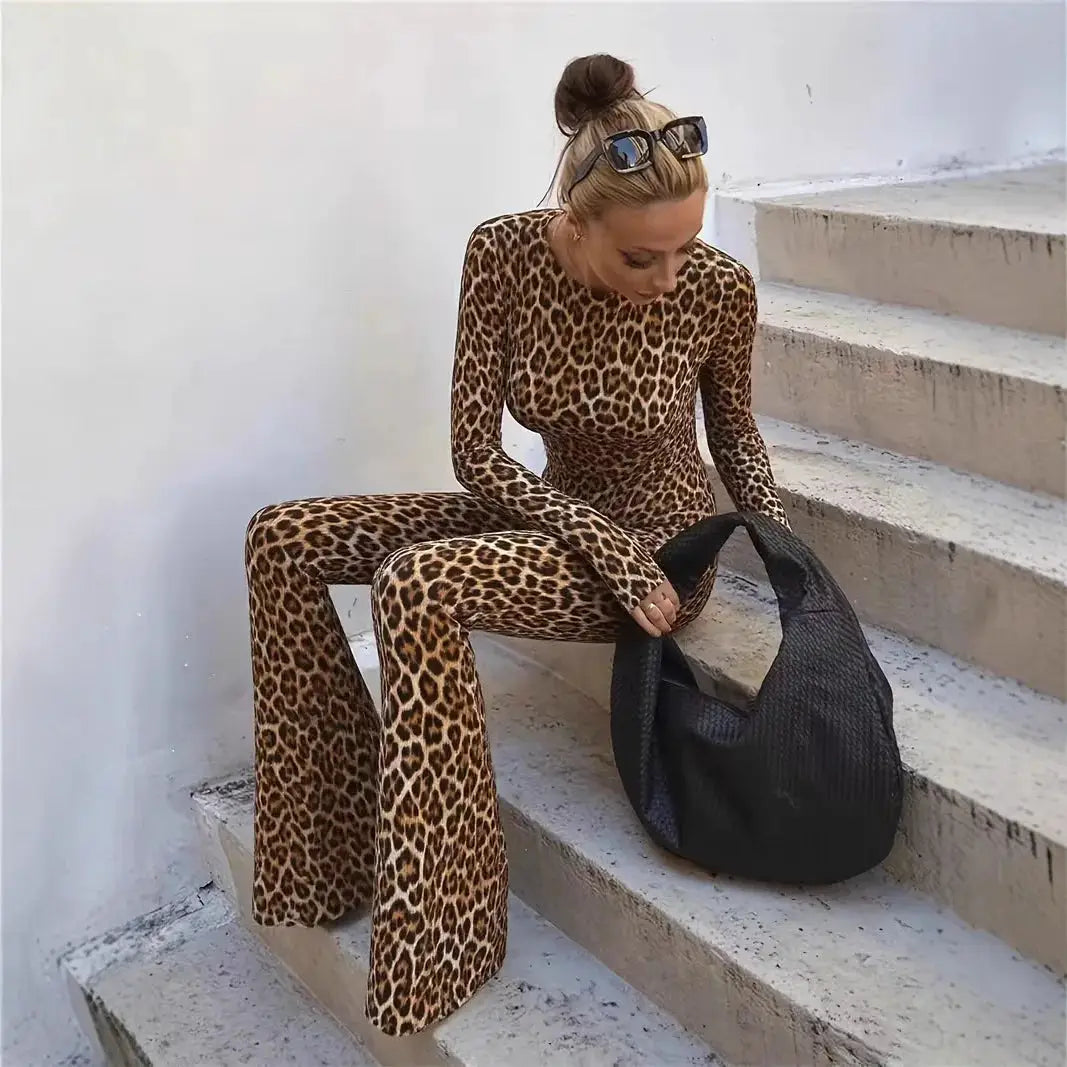 Leopard print jumpsuit with long sleeves and wide-leg pants, Simples Market