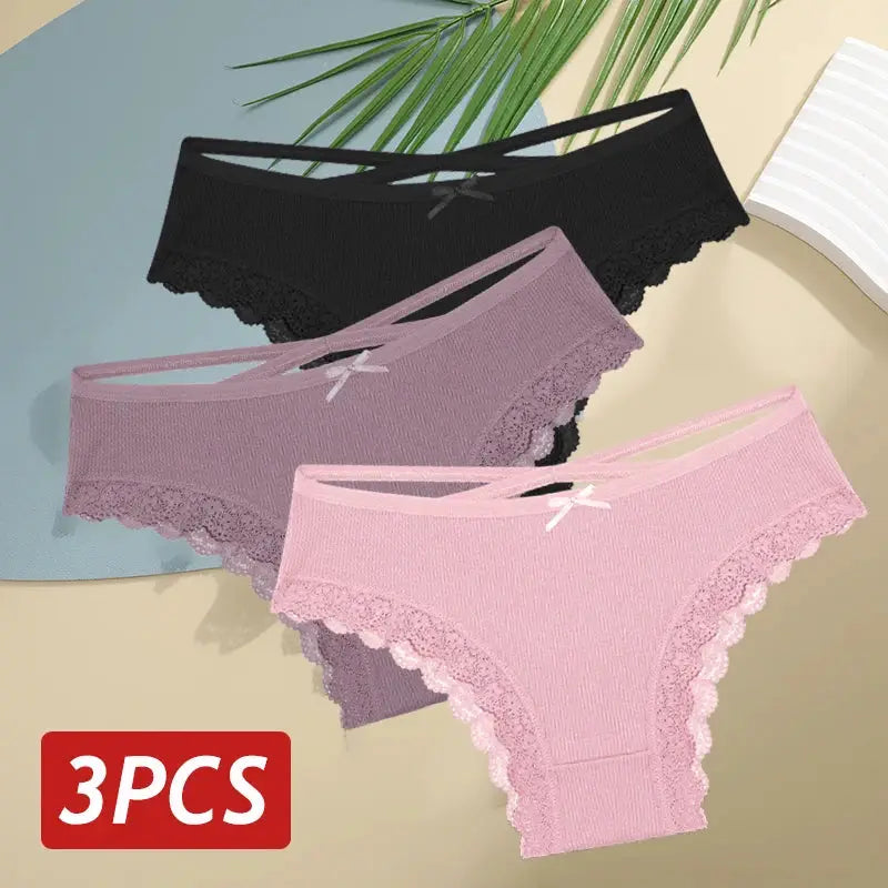 3-piece cotton panties set with lace trim and bows, low-rise briefs in black, lavender, and pink.
