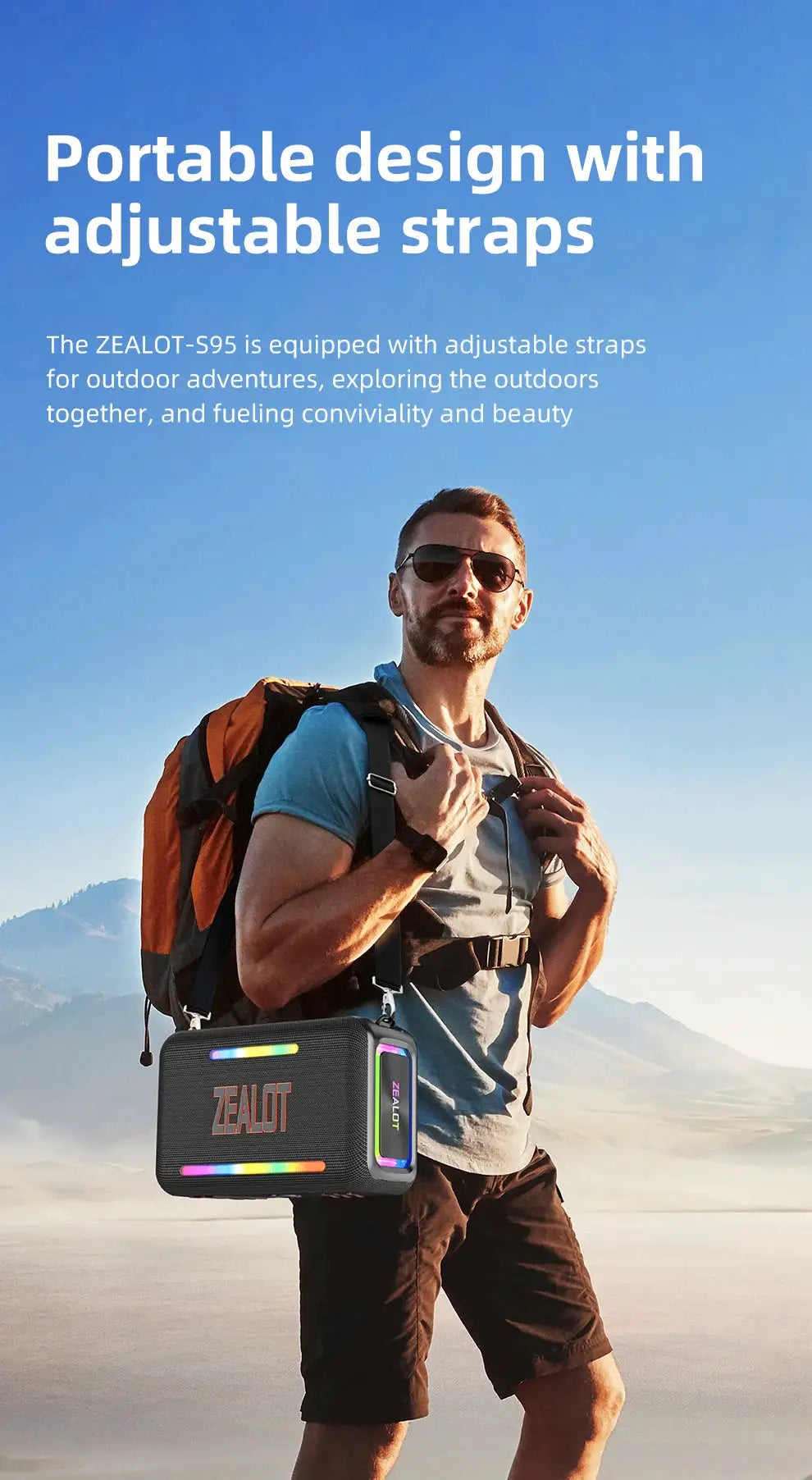 ZEALOT-S95 portable Bluetooth speaker, waterproof with RGB LED bars, attached to backpack during hike