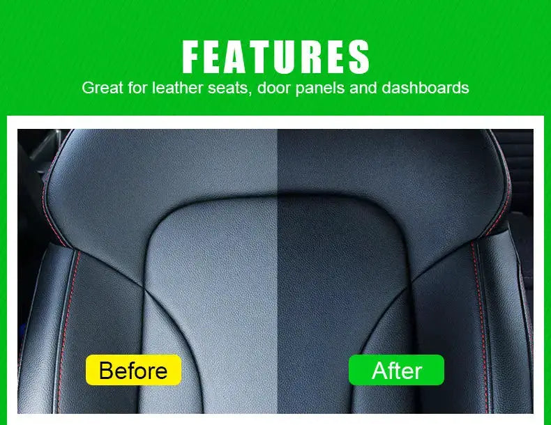 Fantastic Xml leather treatment cleaner spray by Simples Market; leather seat before/after.