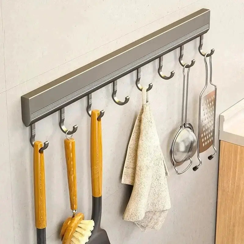 Kitchen storage rack aluminum alloy, silver wall-mounted utensil and towel hanger by Simples Market