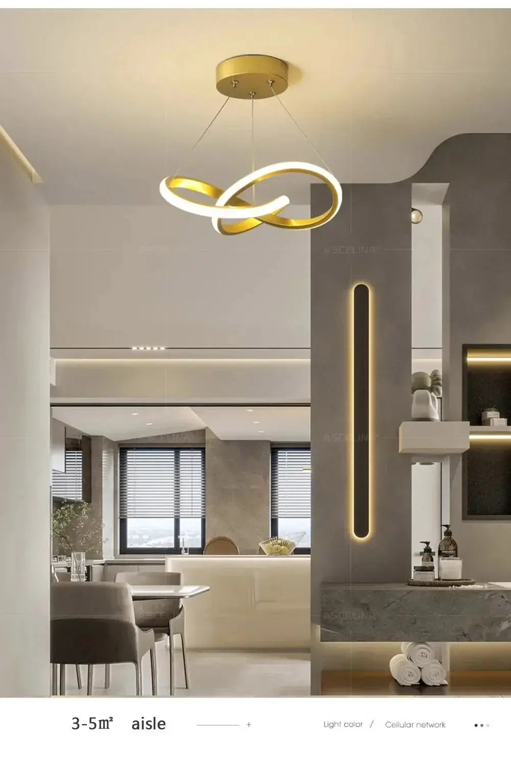 Nordic LED ceiling pendant lamp with gold and white interlocking rings in a modern dining and living area.