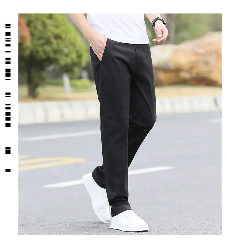 Men's cotton chinos, black breathable straight trousers, sizes W28–W40.
