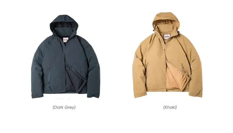 Maden hooded down jacket for men by Simples Market in dark grey and khaki, two colorways shown.