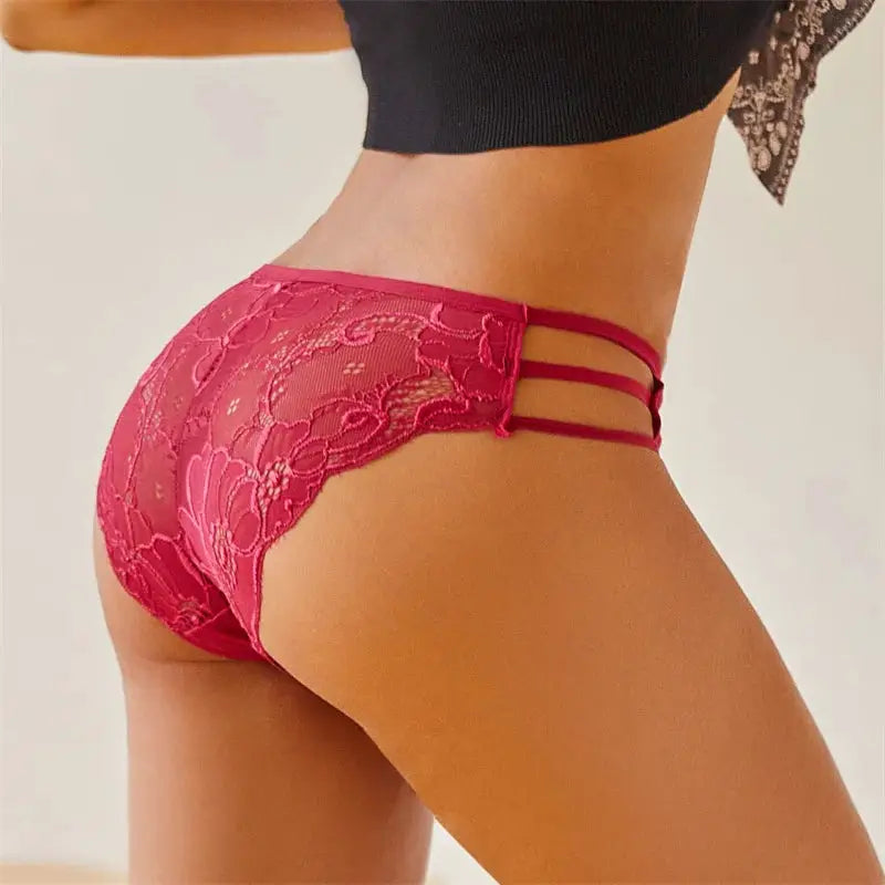 Panties pink floral lace, low-rise briefs with double side straps