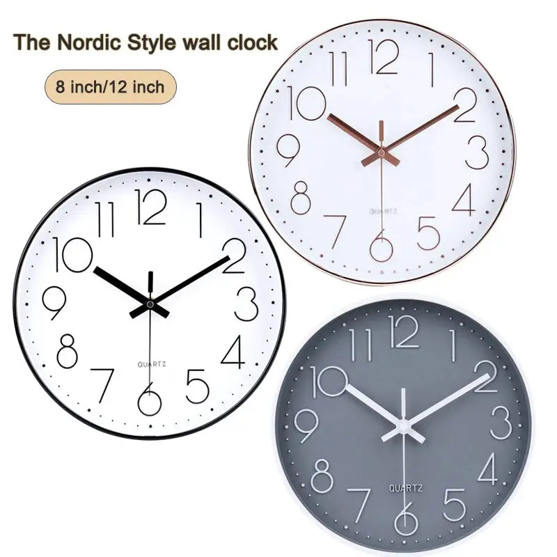 Simples Market mute quartz wall clock trio in white-black, white-bronze, and gray finishes; 8in/12in sizes.