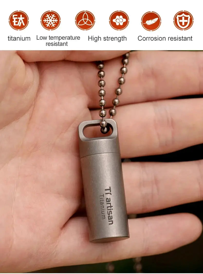 Tiartisan Titanium mini EDC pill bottle pendant, waterproof sealed pill container on a ball chain