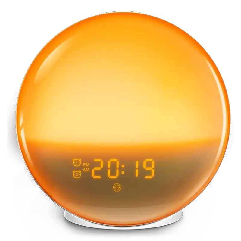 Sunrise alarm clock with orange sunrise glow and digital time display.