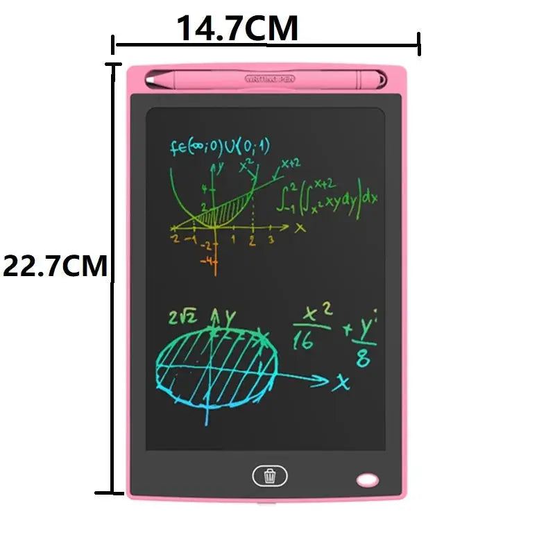Drawing tablet LCD writing board; pink with stylus, 14.7 cm wide by 22.7 cm tall