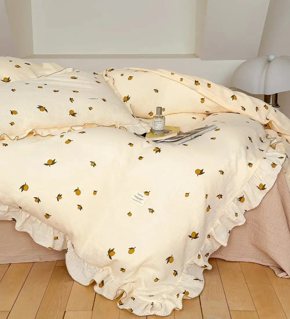 INS Princess ruffle-edge gauze 100% cotton bedding set, 3-piece ivory with lemon floral print