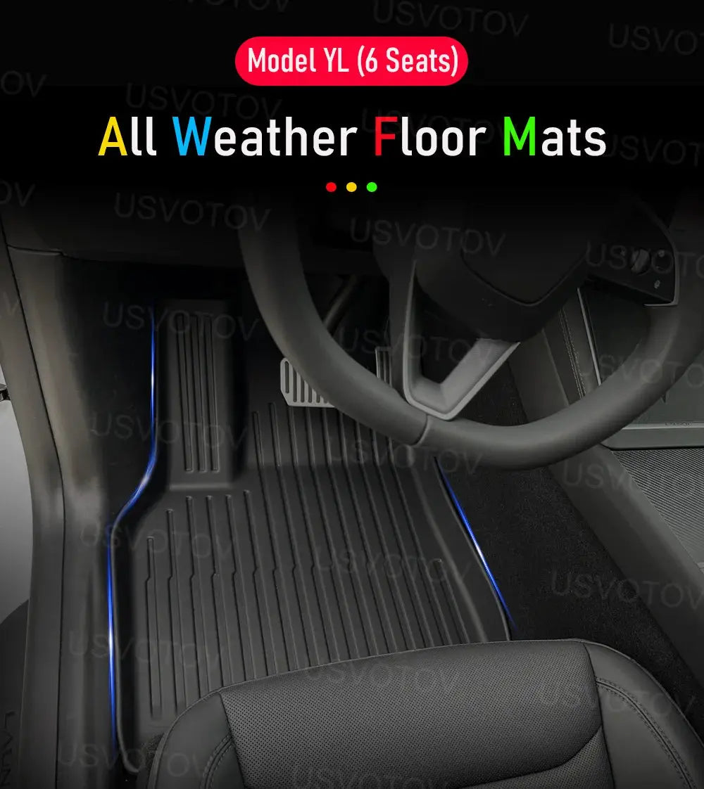All-weather floor mats for 2026 Tesla Model Y (6-seat), black with blue edge trim
