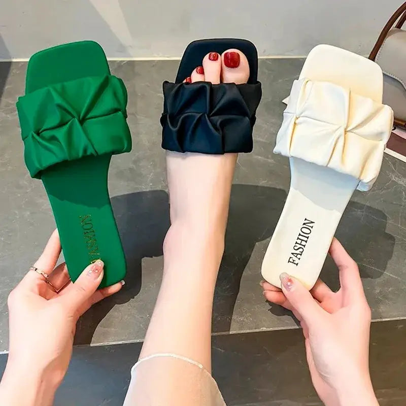 SeoulSole Pleated Korean Slippers For Women Green Summer Slip On Flats With Breathable Comfort