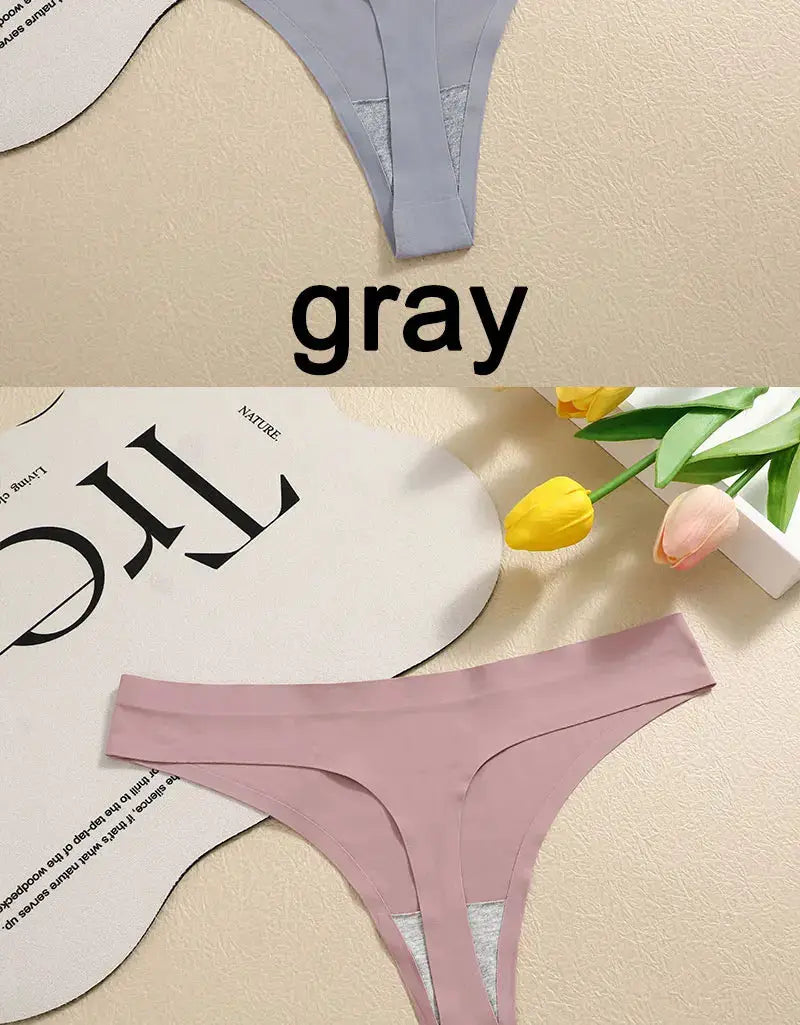3-piece Simples Market G-string underwear set in gray and pink; seamless, breathable low-waist T-back, sizes S-XL