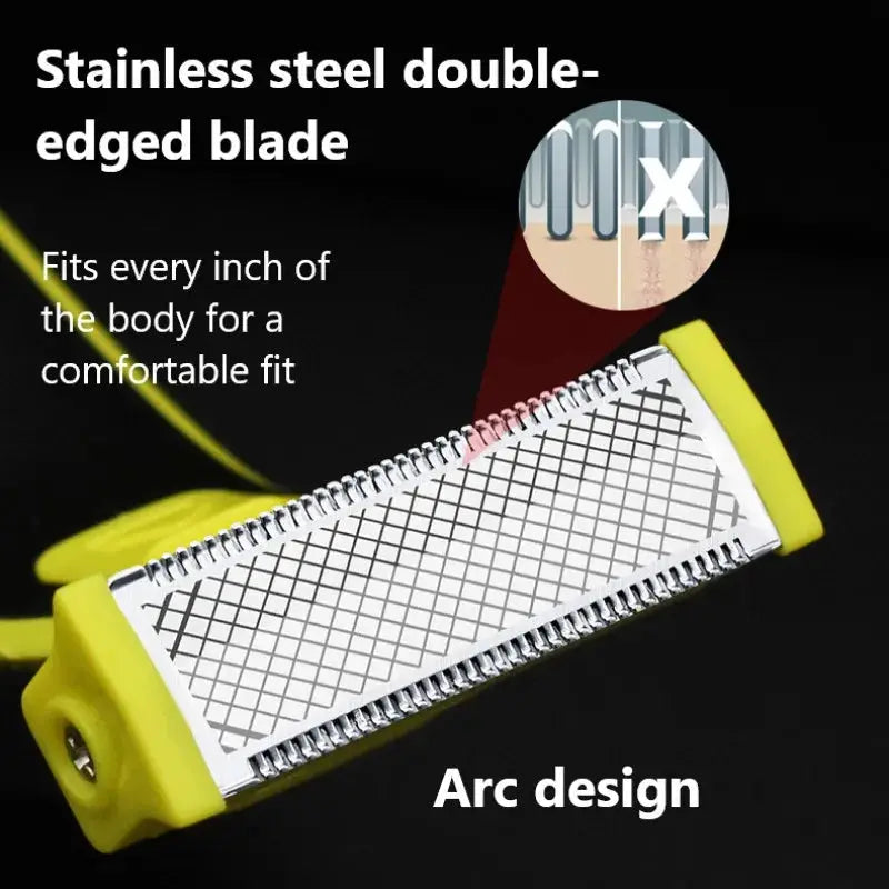 Men's shaver with stainless steel double-edged blade and yellow end caps; arc design for precise intimate grooming.