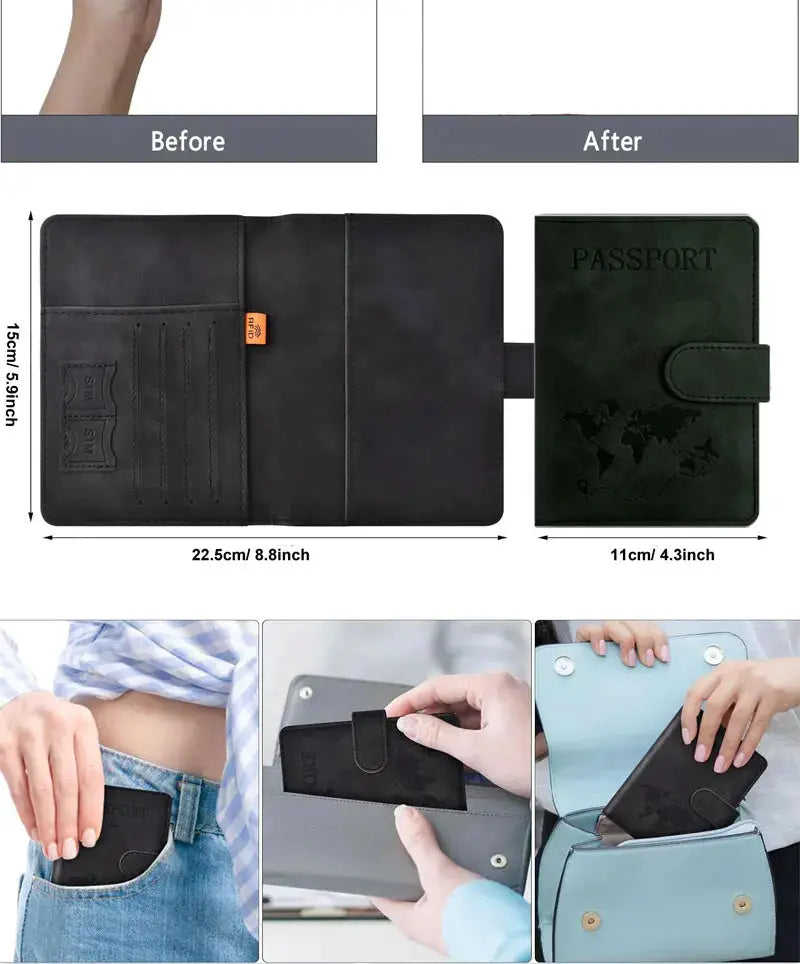 Simples Market two-piece passport holder set: black faux leather wallet with card slots and a passport cover.