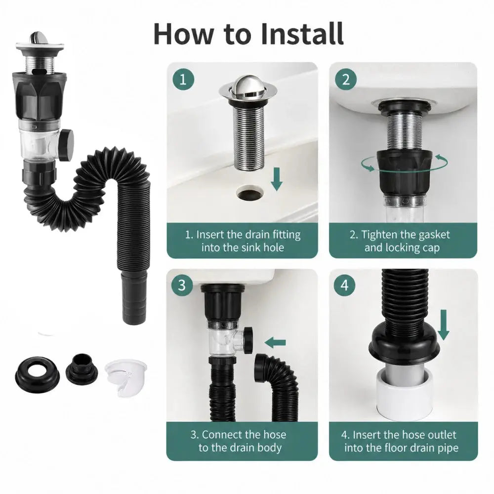 Simples Market bathroom sink drain kit with flexible hose, ABS body, stainless top and side outlet, 1–5 pcs set
