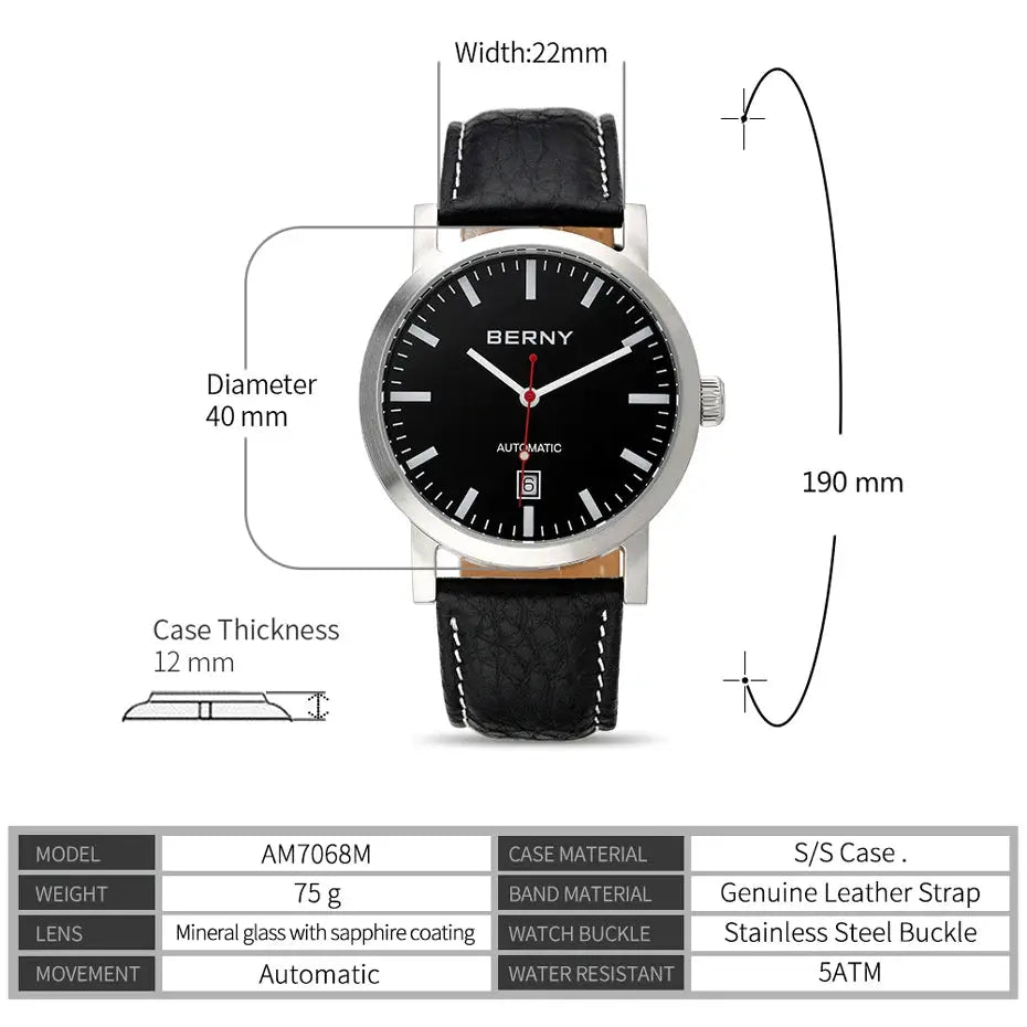 BERNY men's automatic wristwatch with black dial, stainless steel case and genuine leather strap, 5ATM water resistant