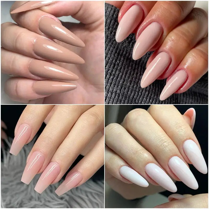 Gel nail polish set: four long almond nails in nude beige, pink, and white gel shades.