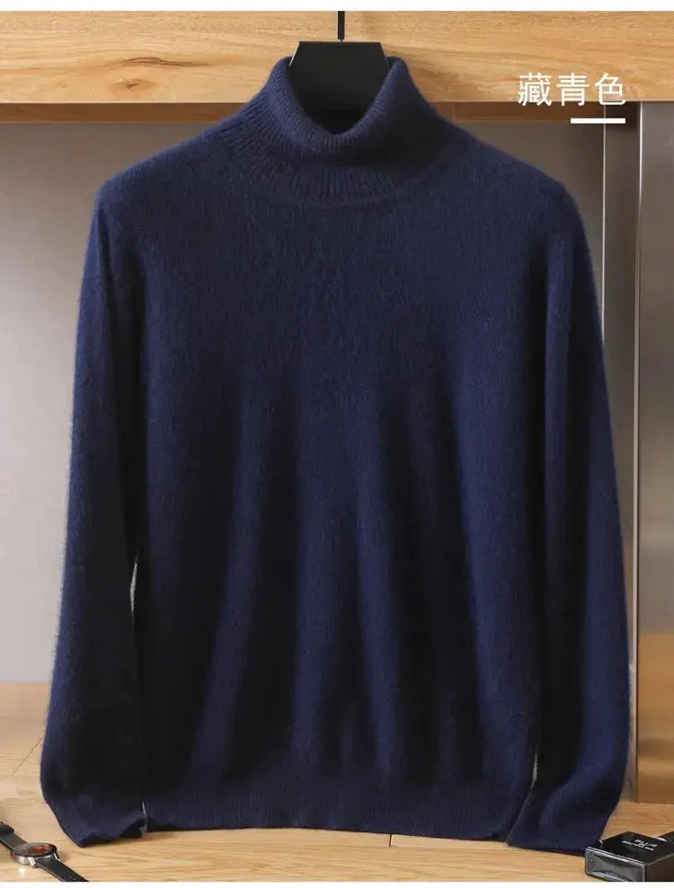 Men's navy blue cashmere mink-velvet sweater with high neck and long sleeves by Simples Market