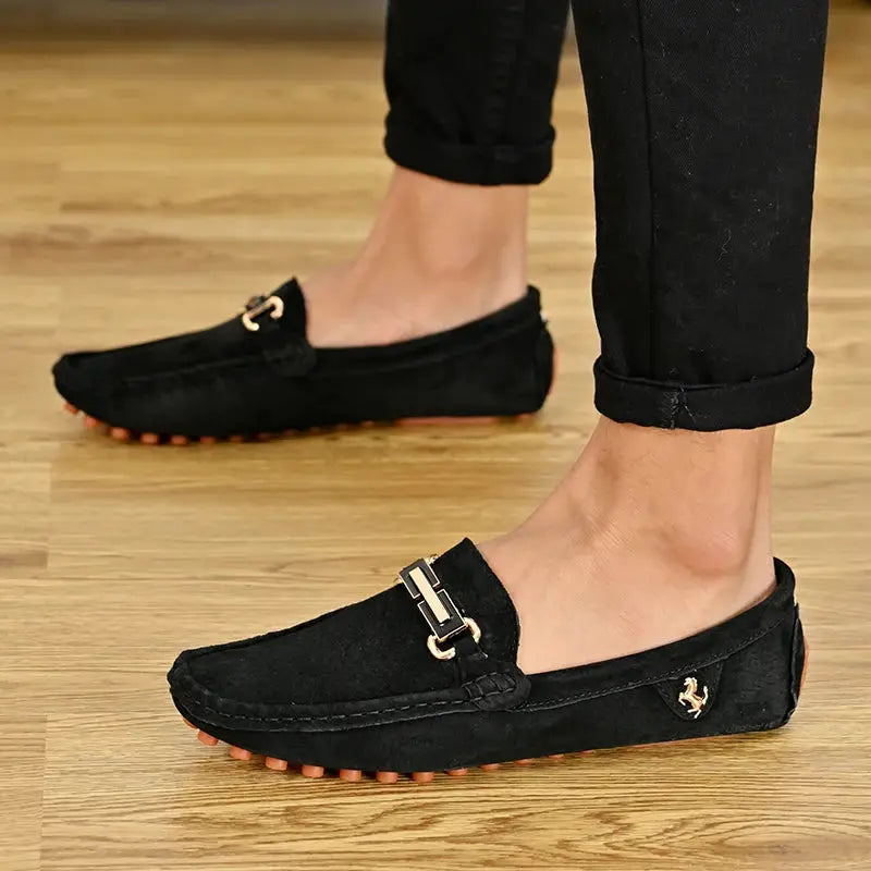 YRZL men's black suede loafers with gold buckle, Simples Market slip-on driving moccasins, size 48 pair, orange outsole