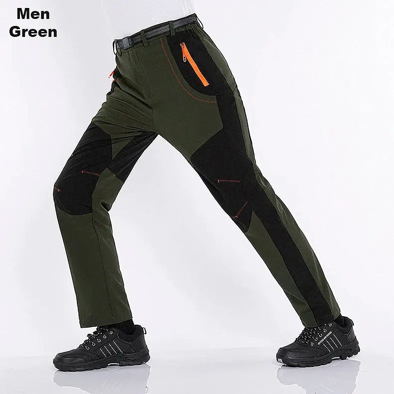 Simples Market men's green thick warm fleece hiking pants with black panels, waterproof windproof soft shell