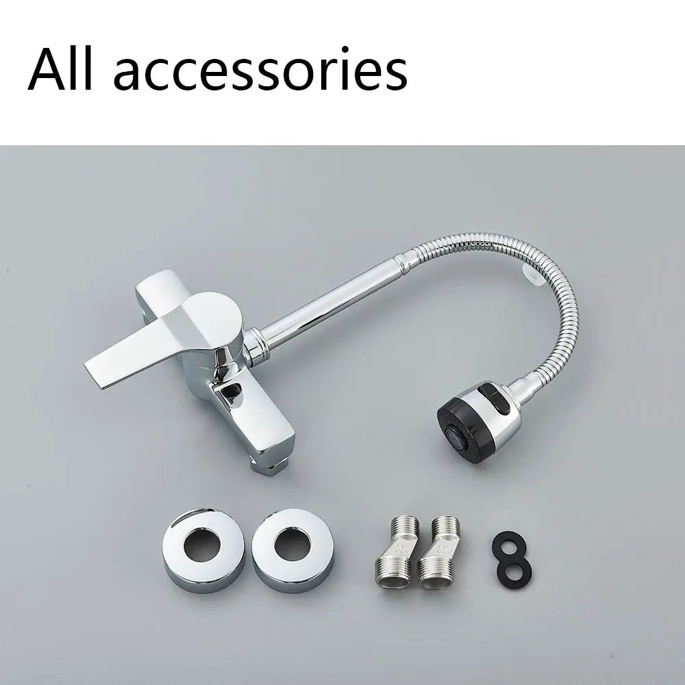 Simples Market chrome wall-mount dual-hole lead-free kitchen faucet with flexible hose and spray head